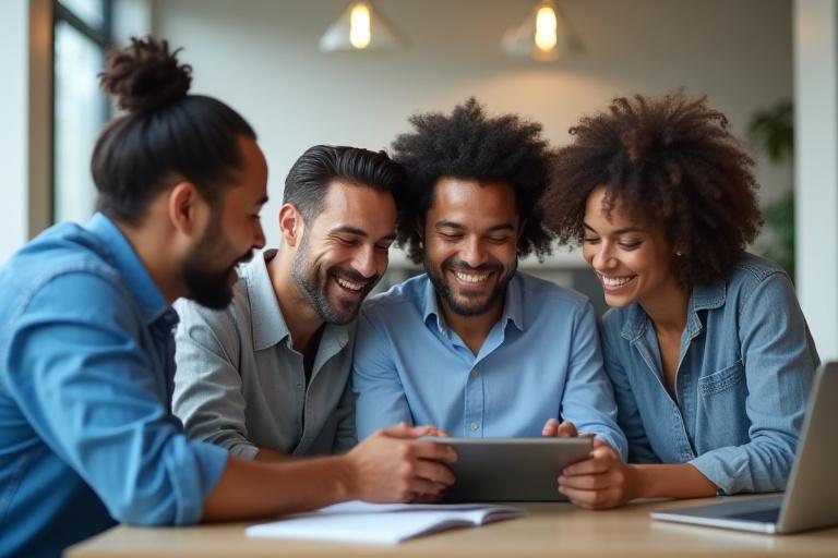 Joyful and professional founding team of Alpine Pulse in a collaborative meeting.