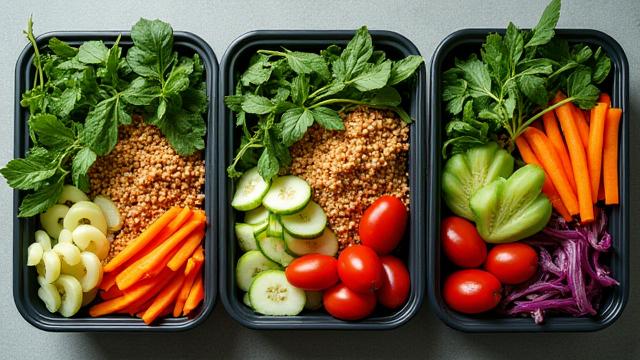 Healthy and colorful meal prep containers with various foods