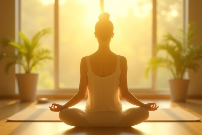 Woman practicing mindful morning yoga as the sun rises, surrounded by soft light