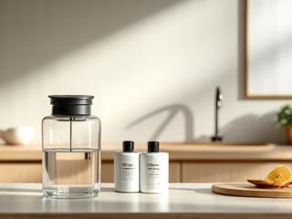 Modern water filter pitcher and non-toxic cleaning supplies.