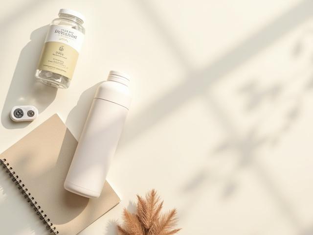 A flat lay of beautifully designed wellness products including supplements, a smart water bottle, and a journal.
