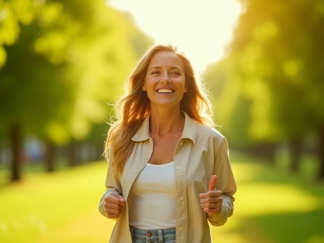 Person joyfully walking through a sunlit, vibrant green park with a smile